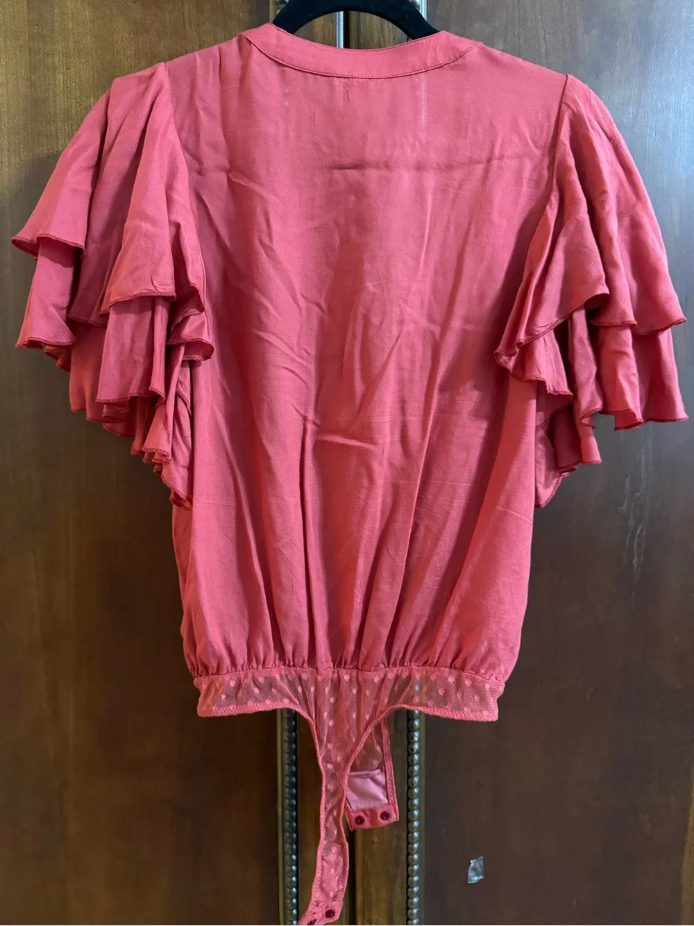 Free People Coral Tie-Front Ruffle Sleeve Bodysuit